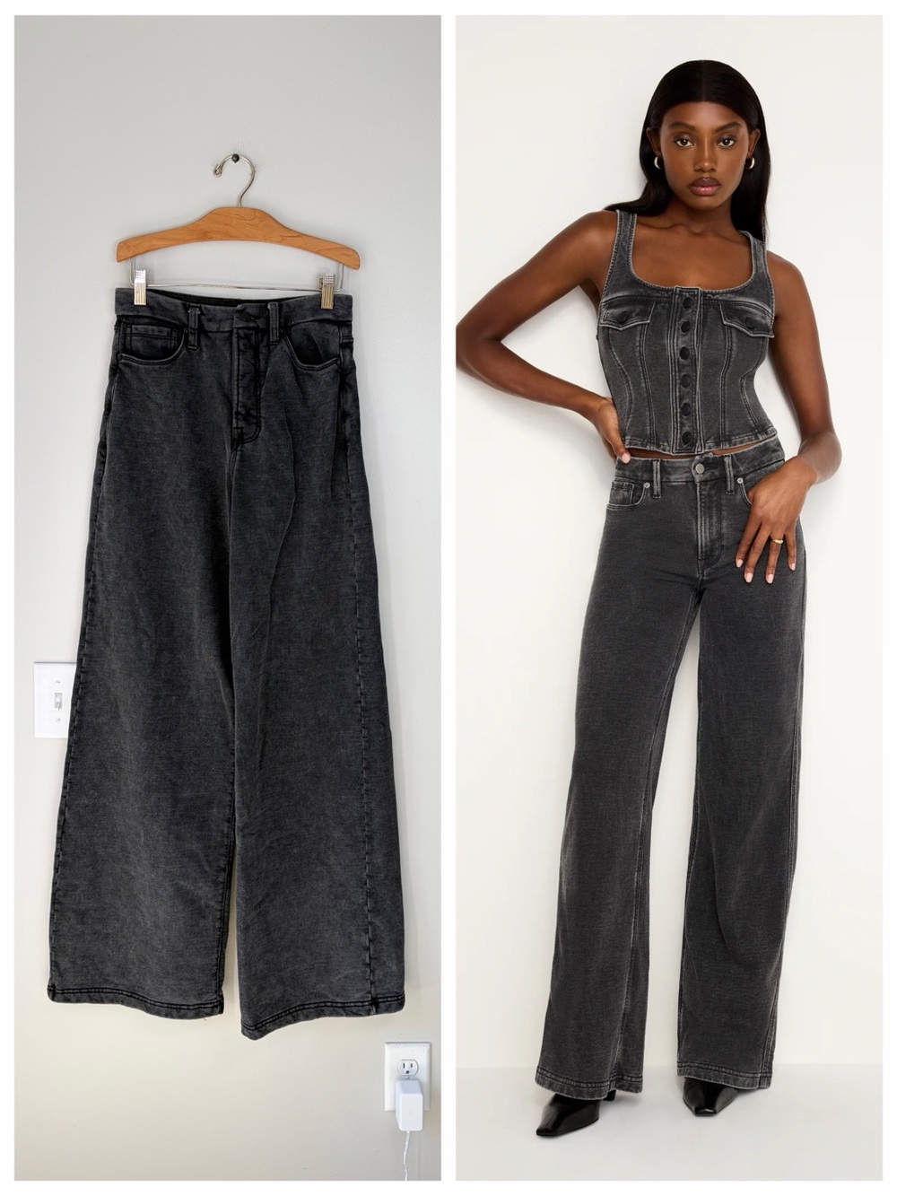 Good American Relaxed Wide Leg Jeanius Good Skate Denim Sweatpants in Black322